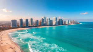 Aerial view of Miami skyline with turquoise ocean and white sandy beaches, afternoon golden light, cityscape with high-rise buildings in background, photorealistic travel photography