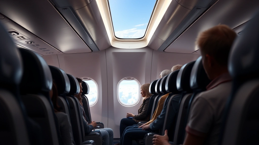 Modern airplane cabin interior during flight with passengers, bright natural light from windows showing clouds below, comfortable seating arrangement, realistic in-flight atmosphere
