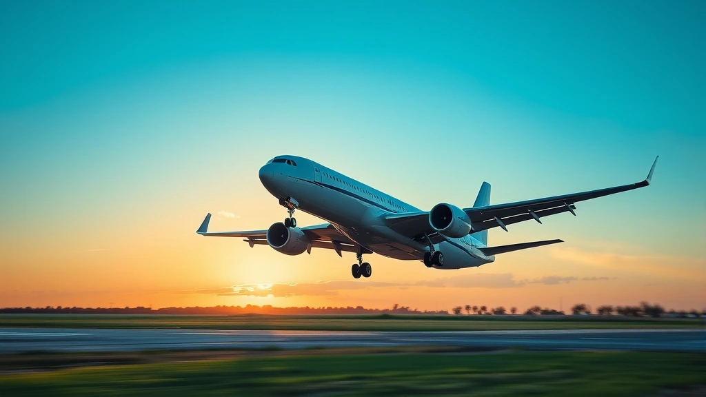 Modern commercial aircraft taking off from Houston airport runway at sunrise, clear blue sky, Texas landscape visible below, dynamic motion blur effect
