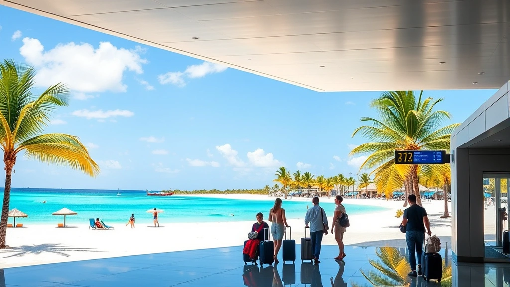 Bright Miami beach scene with turquoise ocean and white sand in background, modern airport terminal with travelers walking with luggage in foreground, tropical atmosphere