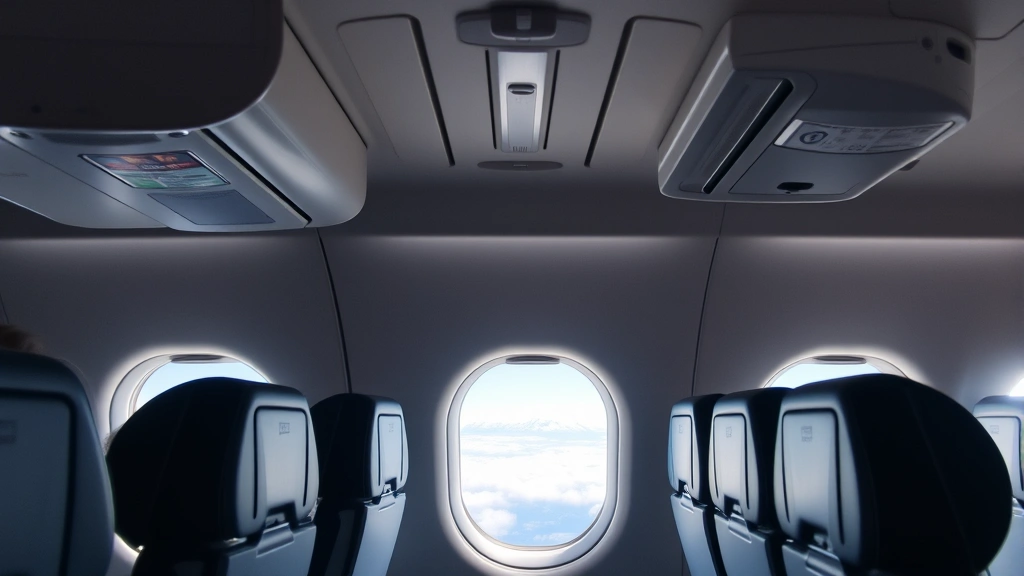 Interior cabin view of narrow-body aircraft during flight showing passenger seats, overhead bins, and window view of clouds and coastline below during daytime flight