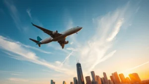 Modern commercial aircraft ascending above Houston skyline during golden hour, clear blue sky with wispy clouds, dynamic upward angle photography