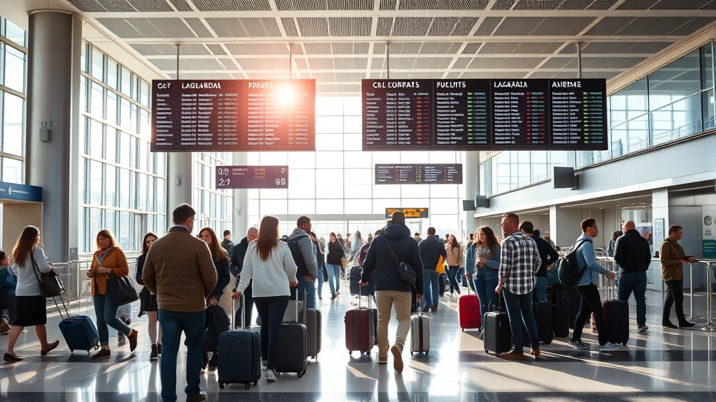 Busy LaGuardia Airport terminal interior with travelers checking flight information boards, natural daylight streaming through windows, diverse passengers with luggage