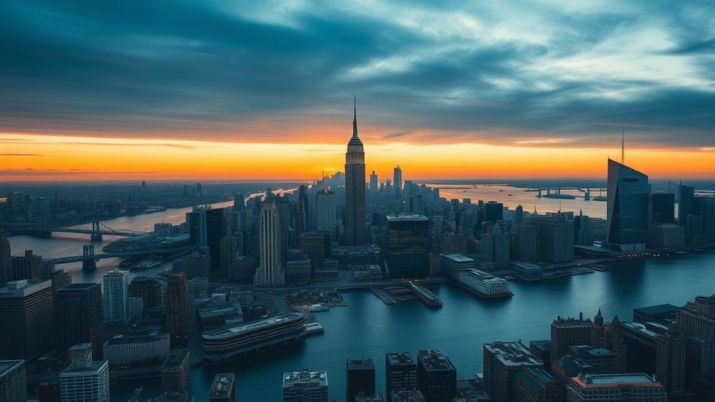 Aerial view of Manhattan skyline with Hudson River at sunset, Empire State Building and One World Trade Center prominent, golden hour lighting, realistic urban landscape