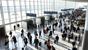 Busy Houston airport terminal with passengers at gate areas, natural daylight from windows, bustling travel scene with people walking and waiting at gates