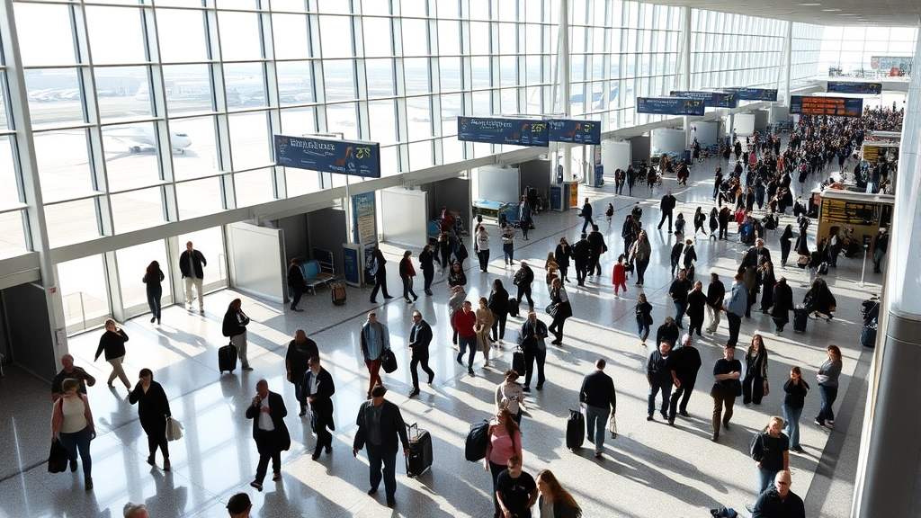 Busy Houston airport terminal with passengers at gate areas, natural daylight from windows, bustling travel scene with people walking and waiting at gates
