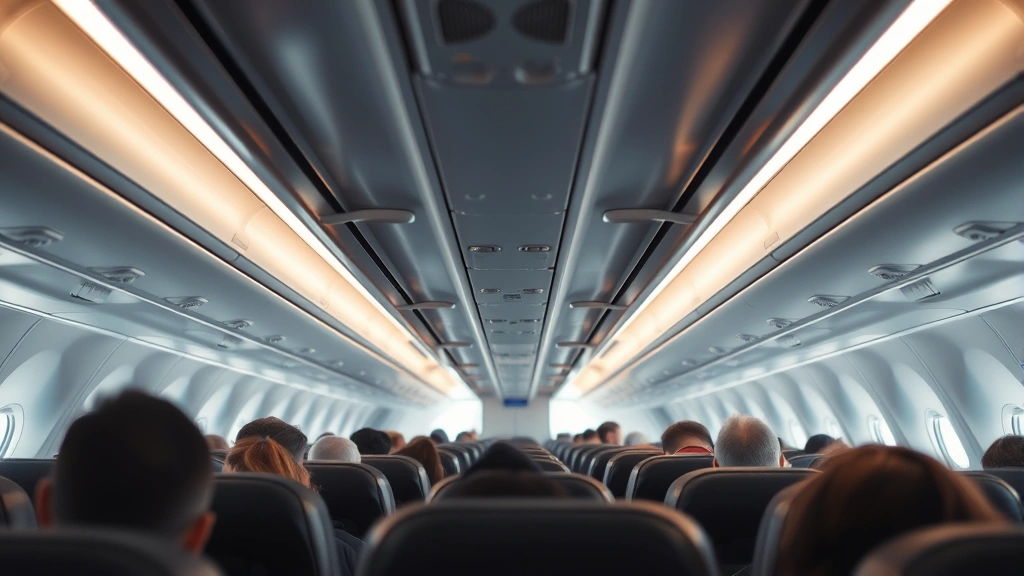 Modern airplane cabin interior mid-flight with passengers in seats, overhead bins, natural window light, realistic commercial aircraft environment