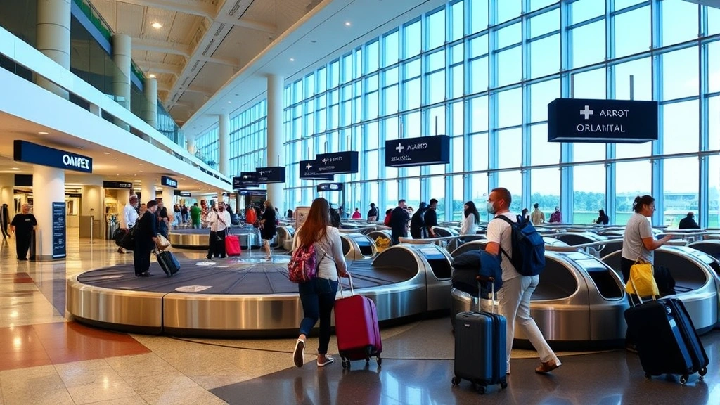 Orlando airport arrival area with baggage claim carousel, travelers collecting luggage, bright modern terminal architecture, welcoming destination atmosphere