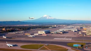 Aerial view of Seattle-Tacoma International Airport with Mount Rainier in background during daytime, commercial aircraft taking off or landing, realistic airport infrastructure and natural landscape