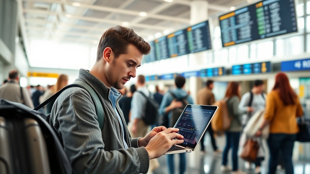 Passenger checking flight prices on laptop in modern airport terminal, bright natural lighting, diverse travelers around, casual comfortable setting, realistic airport environment with departure boards visible