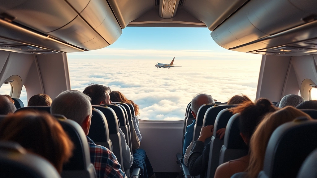 Boeing 737 or Airbus aircraft interior cabin during flight with passengers seated, overhead bins, window view of clouds and landscape below, realistic commercial airline experience, natural cabin lighting