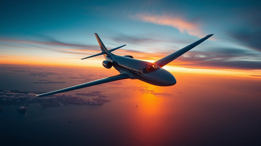 Aerial view of modern aircraft flying over the Pacific Ocean at sunset with Japan's coastline visible below, photorealistic professional aviation photography