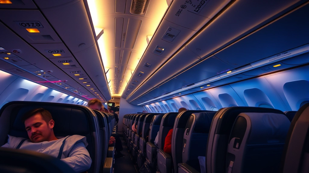 Passenger cabin interior of a modern wide-body aircraft with sleeping passengers during night flight, comfortable seating with mood lighting, transpacific journey atmosphere