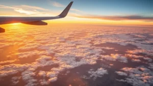 Overhead view of airplane wing over diverse landscape with patchwork of clouds and terrain below during golden hour sunset