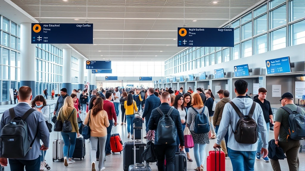 Busy airport terminal with diverse passengers checking boarding passes and walking toward departure gates with luggage