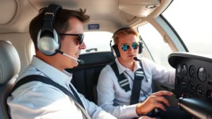 Professional flight instructor and student pilot in Cessna cockpit during daytime training flight, both wearing headsets, focused on instrument panel, natural sunlight through windows