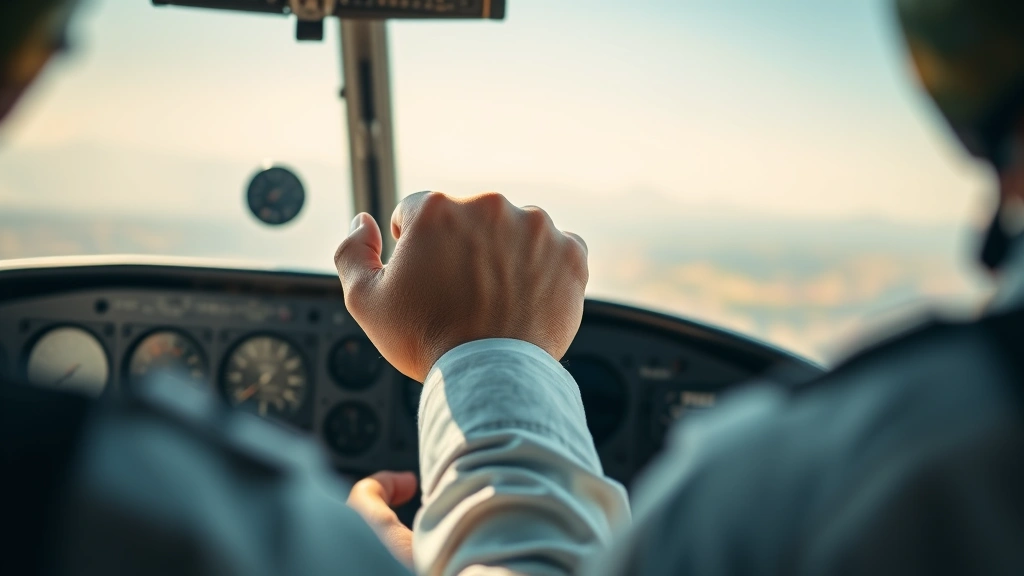 Close-up of pilot hands on aircraft yoke during flight training, instrument panel blurred in background, showing precision flying technique during clear weather conditions