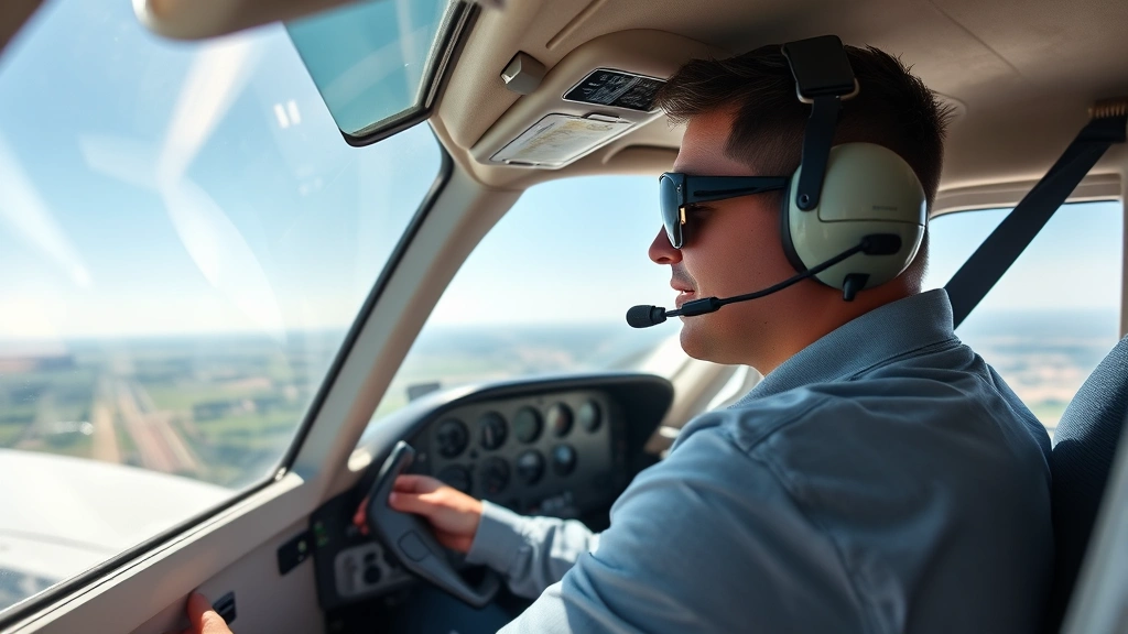 A student pilot in the cockpit of a small Cessna single-engine aircraft during daytime training flight, with control yoke visible and clear skies through the windscreen