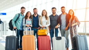 Diverse group of travelers with luggage standing together in modern airport terminal, smiling and ready to board, natural lighting from large windows