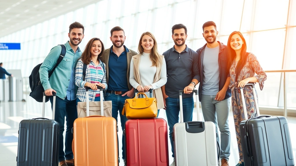 Diverse group of travelers with luggage standing together in modern airport terminal, smiling and ready to board, natural lighting from large windows