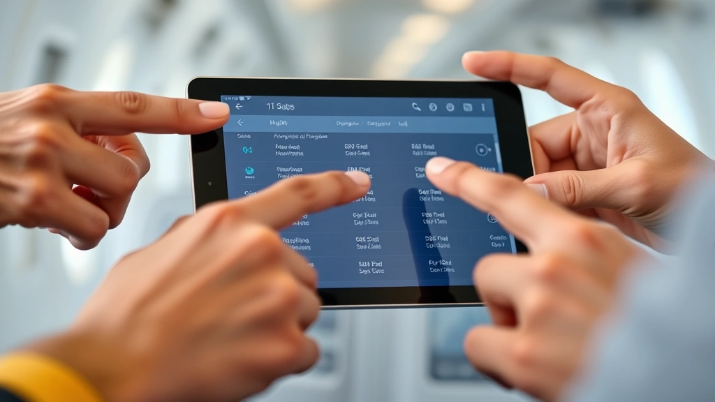 Close-up of diverse hands pointing at digital tablet showing flight booking confirmation screen with multiple passenger names and seat assignments visible
