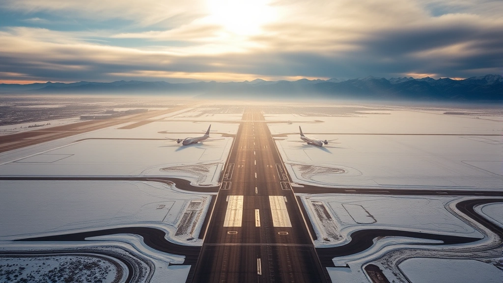 Aerial view of Yakima Air Terminal runway with snow-covered landscape and mountains in background, winter morning light