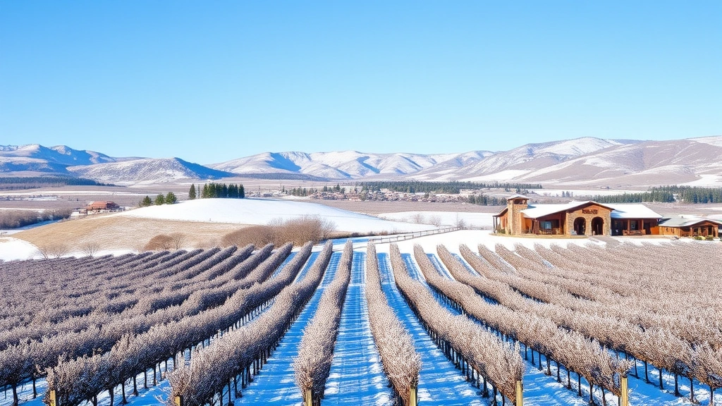 Yakima Valley wine country with snow-dusted vineyards and tasting room buildings under clear blue winter sky