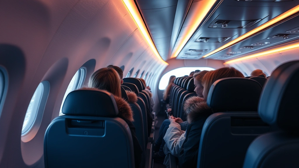 Modern aircraft cabin interior during winter flight with passengers, warm cabin lighting, snow visible through window