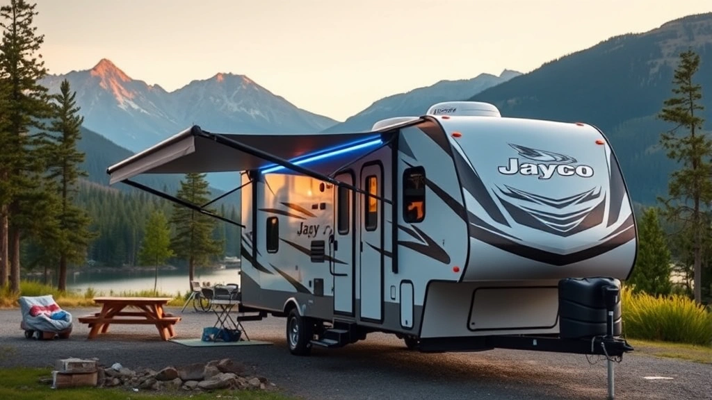 Modern Jayco Jay Flight travel trailer parked at scenic mountain campground with awning extended, trees and lake visible in background, golden hour lighting, photorealistic style