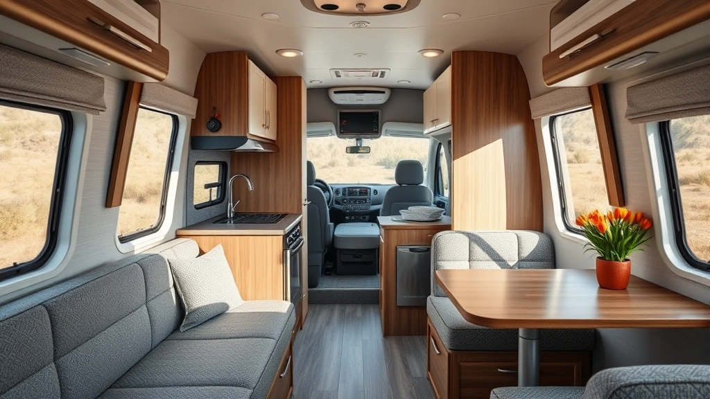 Interior kitchen and dining area of Jayco Jay Flight showing compact galley, booth seating, modern appliances, natural light through windows, cozy cabin atmosphere, photorealistic