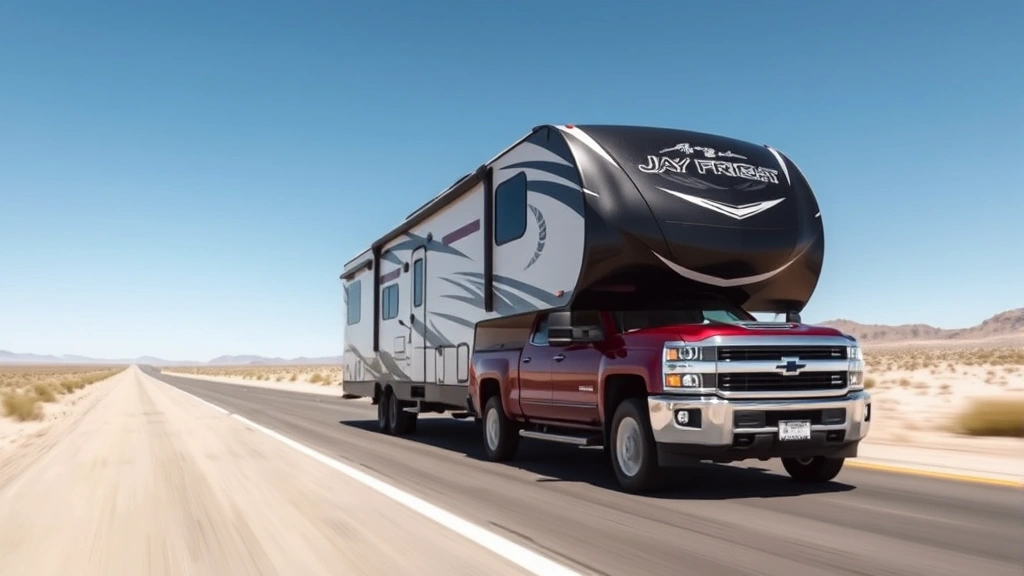 Jayco Jay Flight being towed by pickup truck on open highway with desert landscape, clear blue sky, motion-focused composition showing trailer stability and road performance, photorealistic