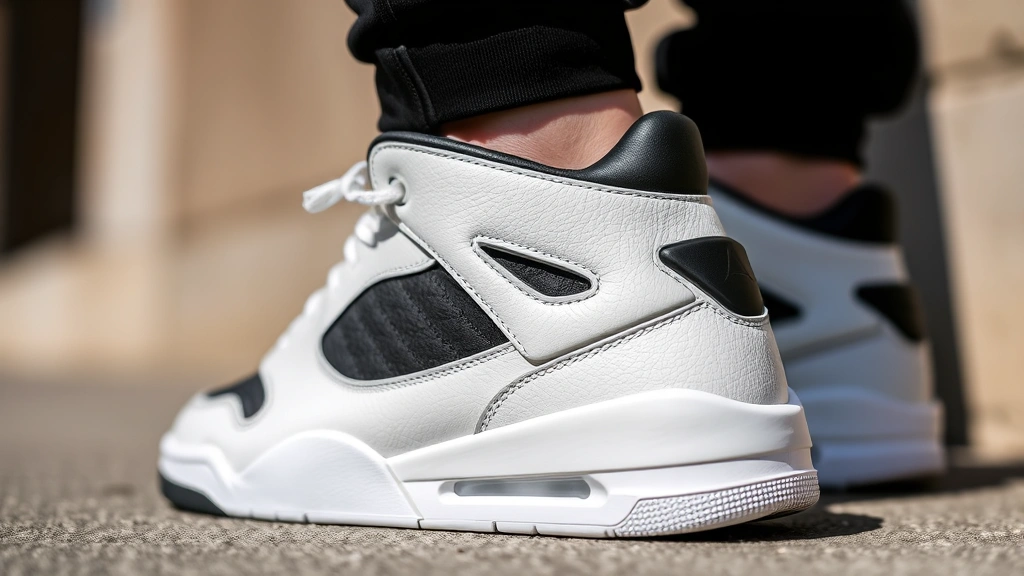Close-up of pristine Jordan Flight Club 91 sneaker in classic black and white colorway, showing detailed stitching and leather texture, photographed against neutral background with natural lighting