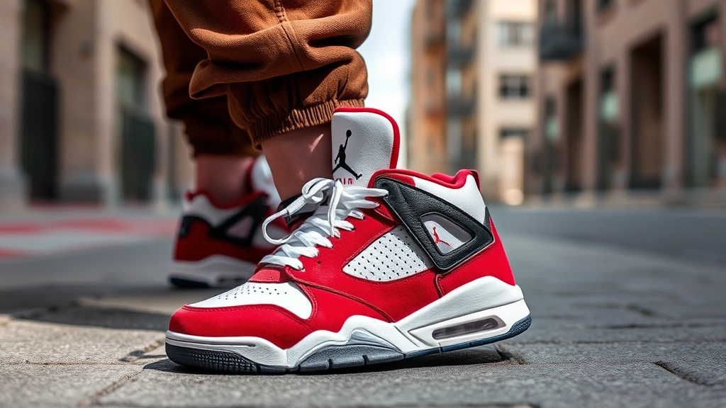 Lifestyle photograph of Jordan Flight Club 91 worn by person in casual streetwear outfit, shot outdoors in urban setting showing shoe in natural context with pavement and natural sunlight