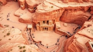 Aerial view of Petra ancient rose-red rock formations carved into Jordanian desert landscape with tourist pathways and architectural details visible from above