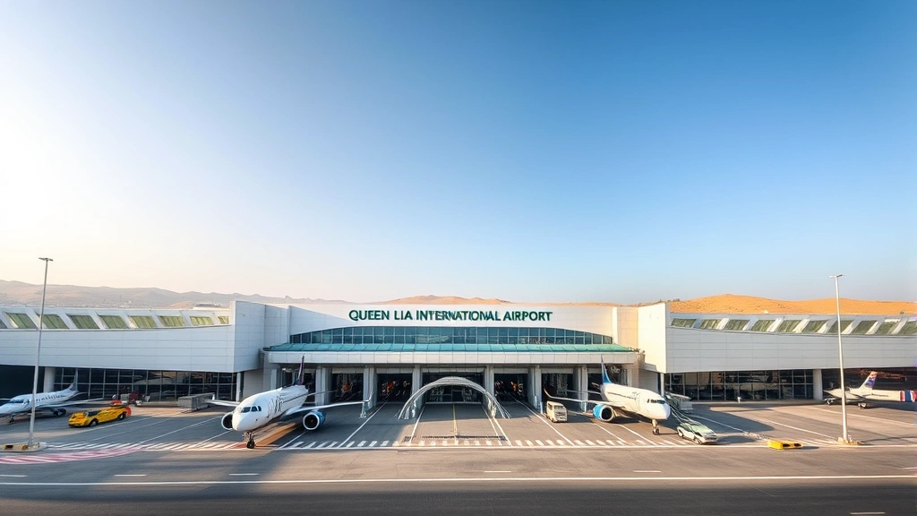 Modern Queen Alia International Airport terminal exterior with aircraft at gates, contemporary architecture, and clear desert sky backdrop near Amman