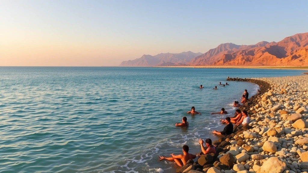 Dead Sea coastline with turquoise water, rocky shore, and desert mountains in background, showing travelers relaxing in mineral-rich waters at sunset