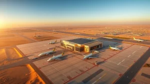 Photorealistic aerial view of Queen Alia International Airport near Amman, Jordan with multiple aircraft at gates, desert landscape surrounding the modern terminal building, golden sunset lighting