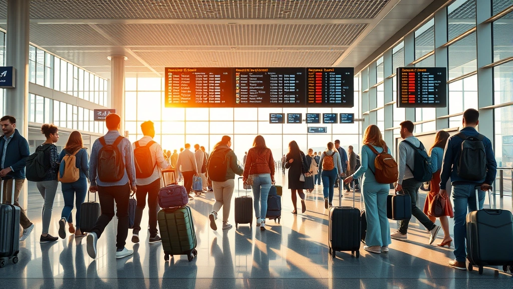 Photorealistic image of diverse travelers with luggage in a modern airport terminal, departure boards showing flight information, natural daylight streaming through large windows, contemporary airport architecture