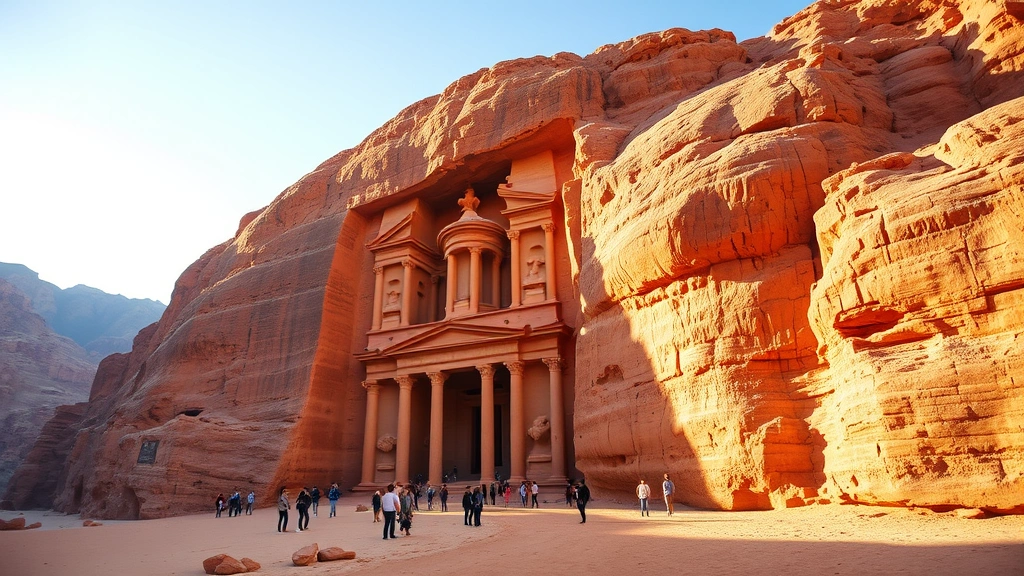 Photorealistic photo of ancient Petra carved into rose-colored rock formations in Jordan with tourists exploring the site, dramatic desert landscape, clear blue sky, warm golden hour lighting