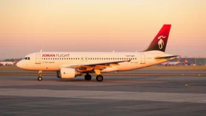 Modern Airbus A320 aircraft in Jordan's True Flight livery on airport tarmac during golden hour, capturing aircraft profile with visible engines and distinctive tail design, professional aviation photography