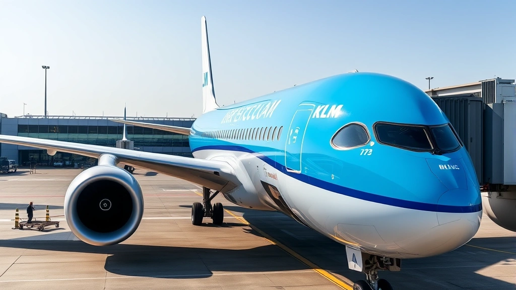 Modern Boeing 787 Dreamliner aircraft parked at Amsterdam Airport Schiphol, with KLM livery visible on fuselage, bright daylight, ground crew nearby, professional aviation photography