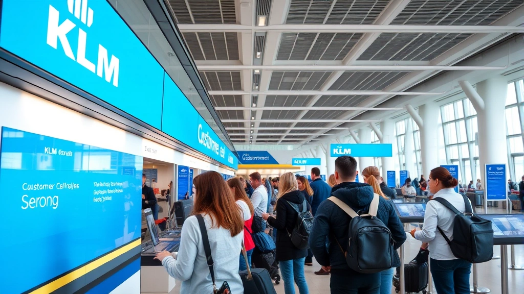 Busy KLM customer service desk at airport terminal with passengers checking in, multiple staff members assisting travelers, modern airport architecture, helpful atmosphere captured