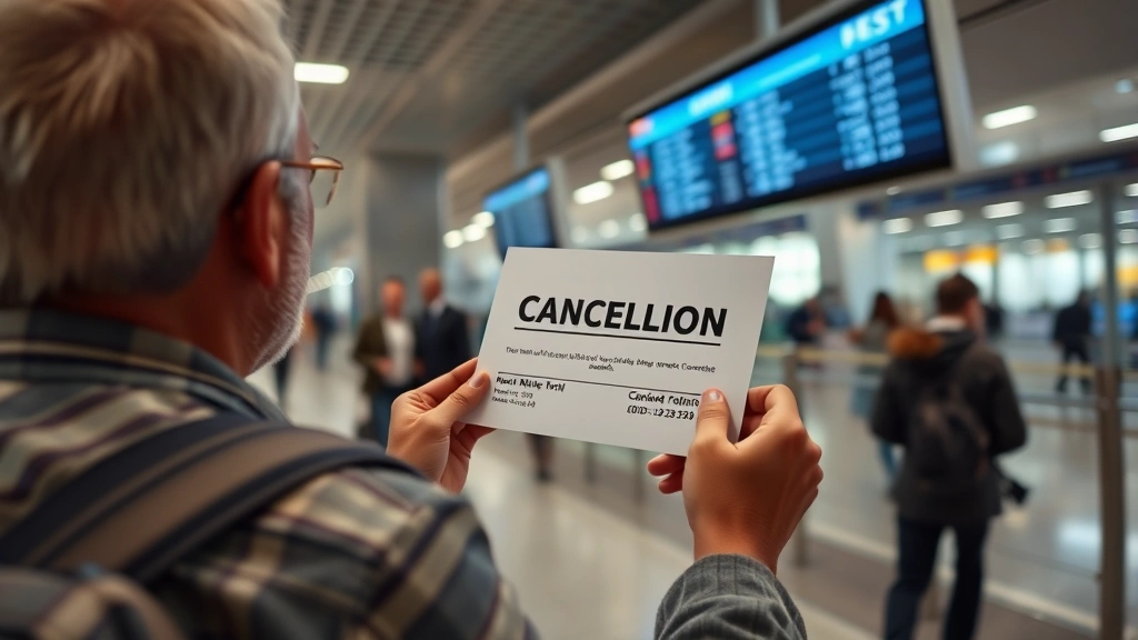 Passenger holding flight cancellation notice at airport gate, looking at departure board showing cancellation status, realistic emotional moment, airport terminal background with other travelers