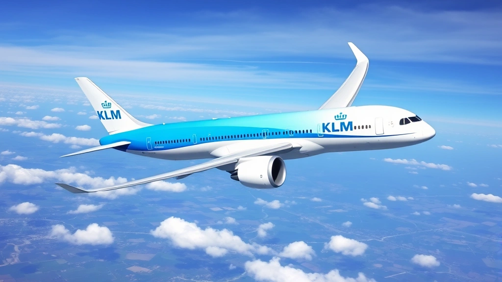 Modern KLM Boeing 787 aircraft in flight over European landscape with blue sky and clouds, showing sleek fuselage and winglets, photorealistic commercial aviation photography