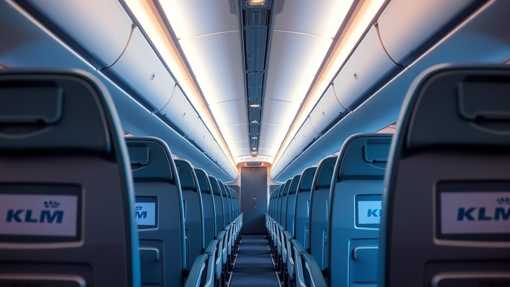 Spacious economy cabin interior of modern KLM aircraft with rows of comfortable seats, overhead bins, and soft ambient lighting creating welcoming atmosphere