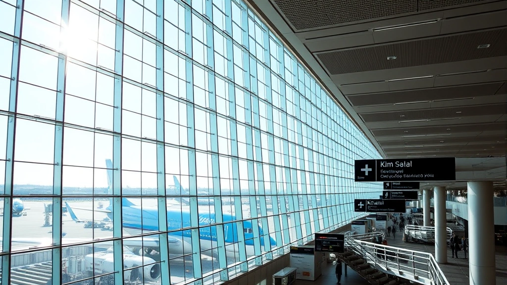 Amsterdam Schiphol Airport terminal with modern architecture, natural light streaming through windows, KLM aircraft visible through glass, bustling passenger areas and wayfinding signage