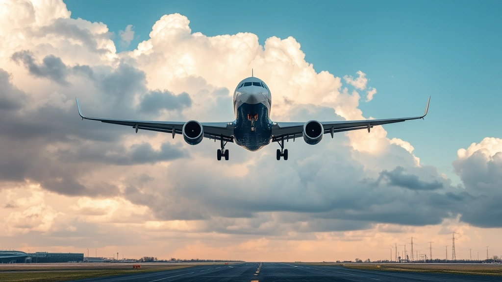 Modern wide-body commercial aircraft descending through clouds toward an airport runway during daylight hours with clear sky visibility