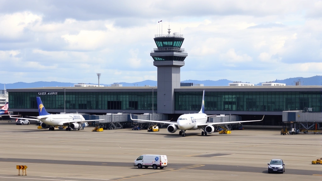 Glasgow Airport control tower and terminal building with commercial aircraft parked at gates, ground support vehicles visible on tarmac