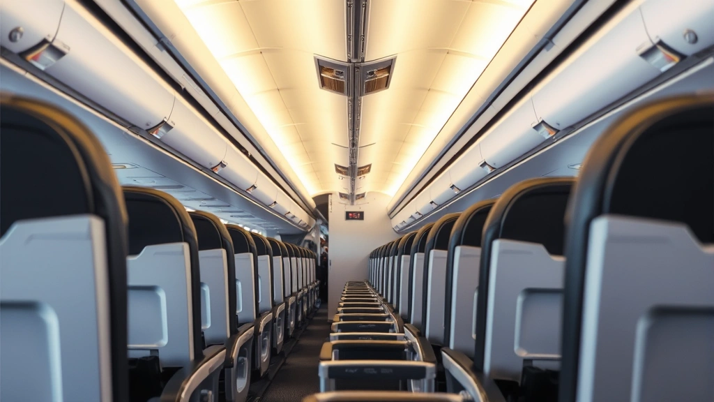 Airline cabin interior showing rows of passenger seats with modern aircraft interior design, soft lighting, and overhead compartments