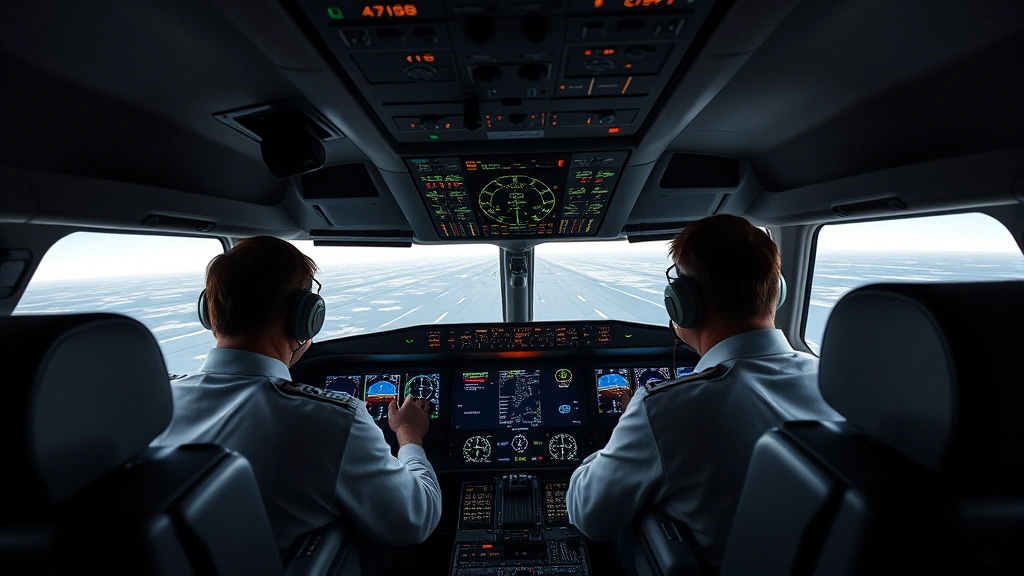 Modern aircraft cockpit interior with pilots monitoring flight systems and navigation displays during cruise, showing real-time flight data on screens and instruments